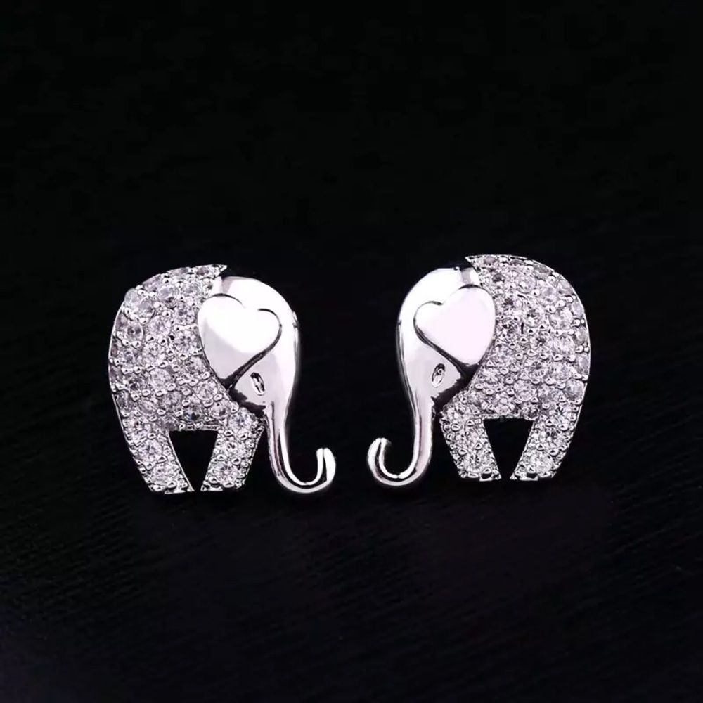 Cute Crystal Elephant Stud Earrings in Silver